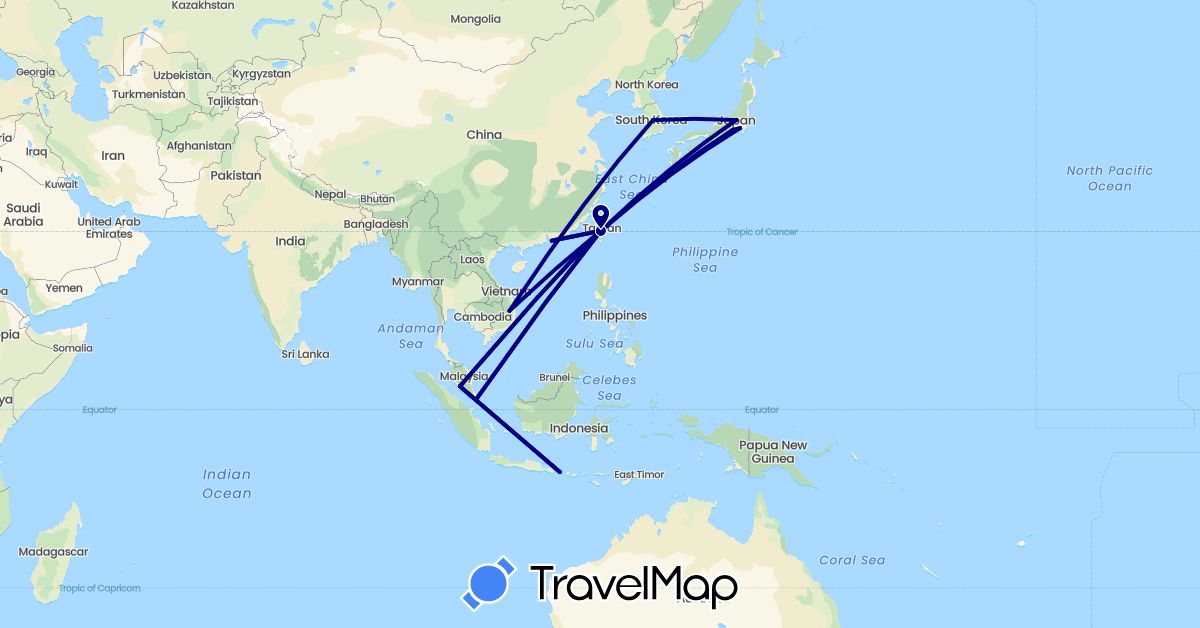 TravelMap itinerary: driving in China, Indonesia, Japan, South Korea, Malaysia, Singapore, Taiwan, Vietnam (Asia)